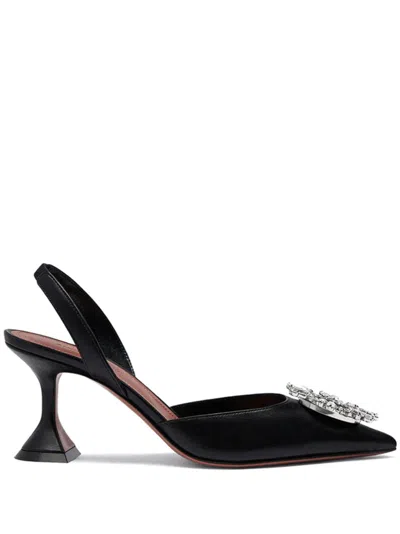 Amina Muaddi Begum Sling 70 Crystal Embellished Black Satin Pumps