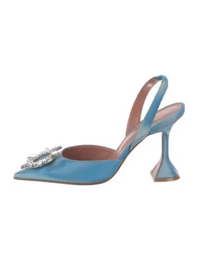 Pre-owned Amina Muaddi Begum Slingback Shado Celeste Satin Slingback Pumps In Blue