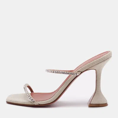 Pre-owned Amina Muaddi Beige Fabric Gilda Crystal Embellished Slide Sandals Size 39
