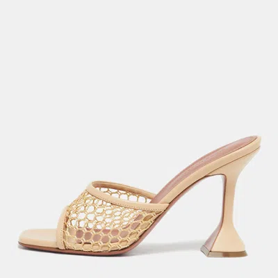 Pre-owned Amina Muaddi Beige Leather And Net Lupita Slide Sandals Size 39