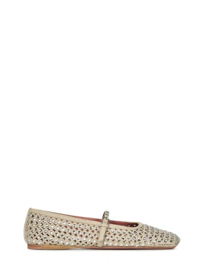 Amina Muaddi Ane Crystal Heart Ballet Shoes In Suede Dune + White Crystals