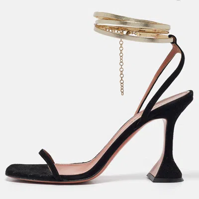 Pre-owned Amina Muaddi Black Leather And Suede Henson Ankle Strap Sandals Size 39.5