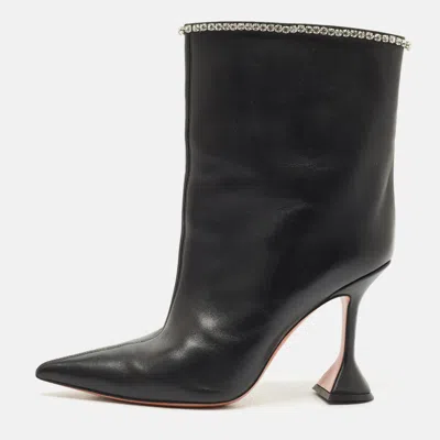 Pre-owned Amina Muaddi Black Leather Crystal Embellished Ankle Length Boots Size 41