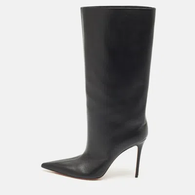 Pre-owned Amina Muaddi Black Leather Mid Calf Boots Size 39