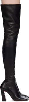 Amina Muaddi Leather Thigh-high Block Heel Boots In Black