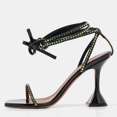 Pre-owned Amina Muaddi Black Patent Leather Crystal Embellished Vita Sandals Size 37.5