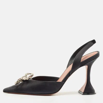 Pre-owned Amina Muaddi Black Satin Begum Crystal-embellished Slingback Pumps Size 38