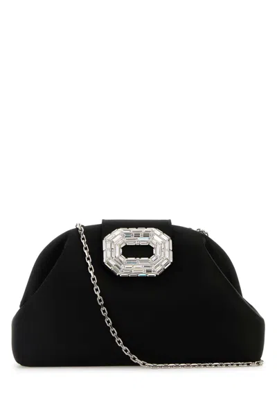 Amina Muaddi Black Satin Camelia Clutch
