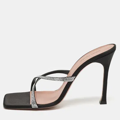 Pre-owned Amina Muaddi Black Satin Crystal Embellished Crisscross Adriana Slide Sandals Size 40