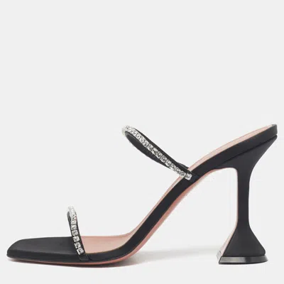 Amina Muaddi Black Satin Crystal Embellished Gilda Slide Sandals