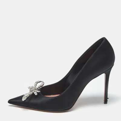 Pre-owned Amina Muaddi Black Satin Crystal Embellished Rosie Pumps Size 37