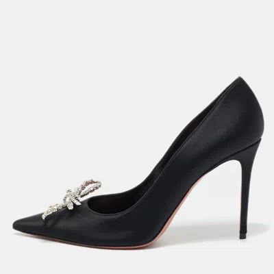 Pre-owned Amina Muaddi Black Satin Crystal Embellished Rosie Pumps Size 41