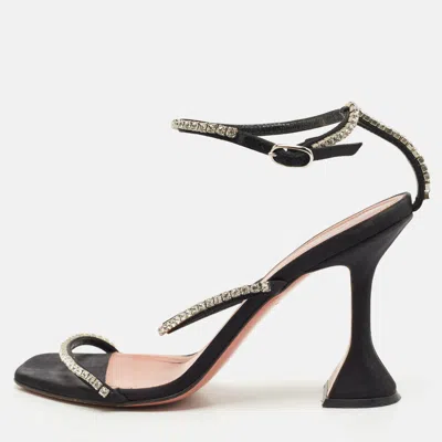 Pre-owned Amina Muaddi Black Satin Glida Crystals Ankle Strap Sandals Size 38.5