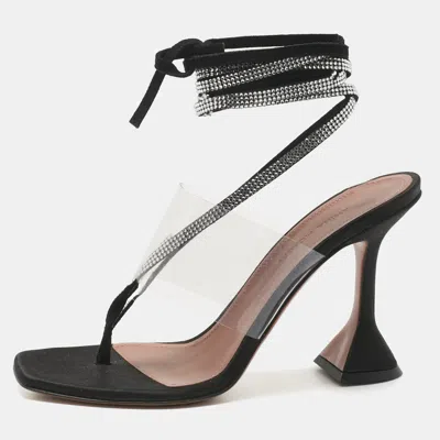 Pre-owned Amina Muaddi Black Satin Zula Crystals Ankle Wrap Sandals Size 38.5
