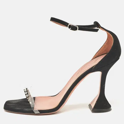 Pre-owned Amina Muaddi Black Suede And Pvc Vita Crystal Ankle Strap Sandals Size 39.5