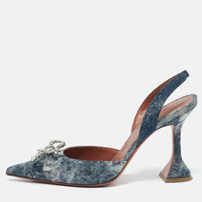 Pre-owned Amina Muaddi Blue Denim Rosie Slingback Pumps Size 39.5