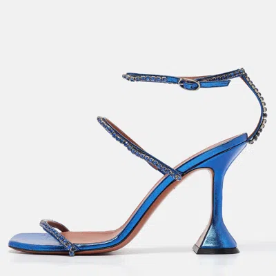 Amina Muaddi Blue Leather Gilda Ankle Strap Sandals
