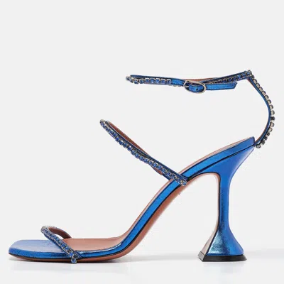 Pre-owned Amina Muaddi Blue Leather Gilda Ankle Strap Sandals Size 39