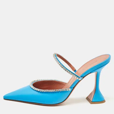 Amina Muaddi Blue Leather Gilda Pointed Toe Mules