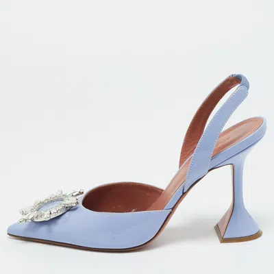 Pre-owned Amina Muaddi Blue Patent Leather Begum Slingback Pumps Size 37.5