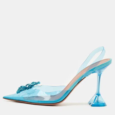 Pre-owned Amina Muaddi Blue Pvc Crystal Embellished Rosie Slingback Pumps Size 38