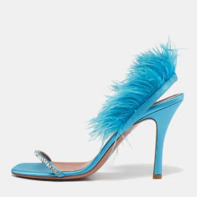 Amina Muaddi Blue Satin And Feather Adwoa Slingback Sandals