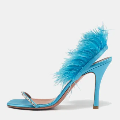 Pre-owned Amina Muaddi Blue Satin And Feather Adwoa Slingback Sandals Size 39