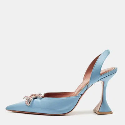 Pre-owned Amina Muaddi Blue Satin Begum Crystal-embellished Slingback Pumps Size 39