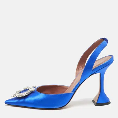 Pre-owned Amina Muaddi Blue Satin Begum Crystal Embellished Slingback Pumps Size 41