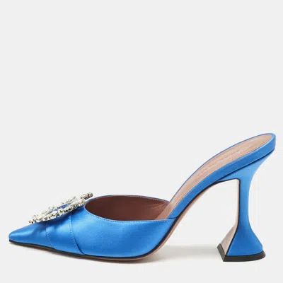 Pre-owned Amina Muaddi Blue Satin Begum Mules Size 38