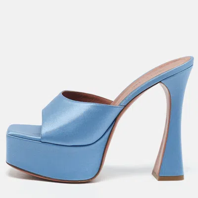 Pre-owned Amina Muaddi Blue Satin Dalida Platform Slide Sandals Size 39
