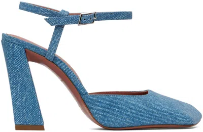 AMINA MUADDI BLUE SUEDE PRINTED DENIM HEELS