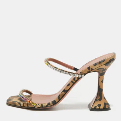 Pre-owned Amina Muaddi Brown Fabric And Leather Glid Slide Sandals Size 36.5