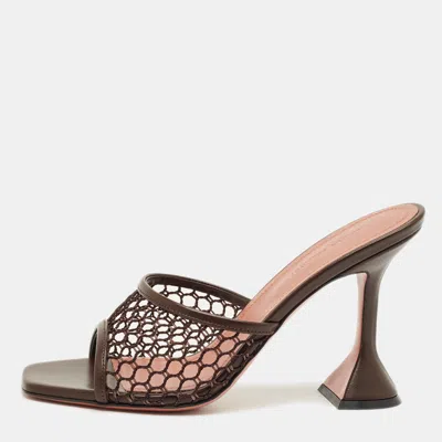 Pre-owned Amina Muaddi Brown Leather And Net Lupita Slide Sandals Size 38