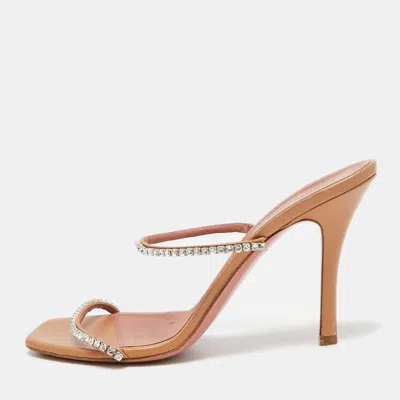 Amina Muaddi Brown Leather Gilda Slide Sandals