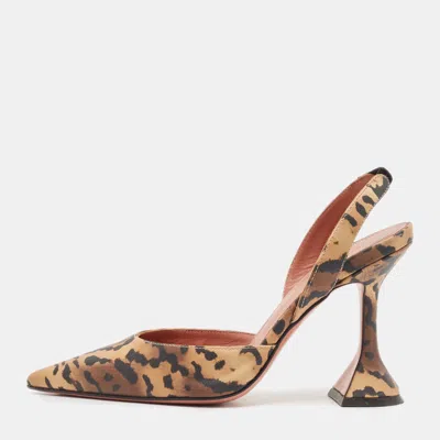Pre-owned Amina Muaddi Brown Leopard Print Satin Holli Slingback Pumps Size 35