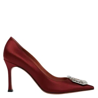 Amina Muaddi Camelia Crystal-embellished Satin Point-toe Pumps In Burgundy