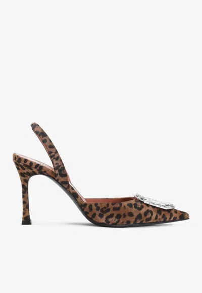 AMINA MUADDI CAMELIA 90 LEOPARD SUEDE SLINGBACK PUMPS