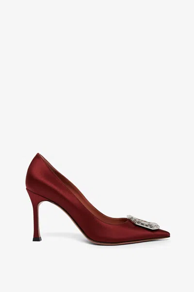 Amina Muaddi Camelia Crystal-embellished Satin Point-toe Pumps In Burgundy