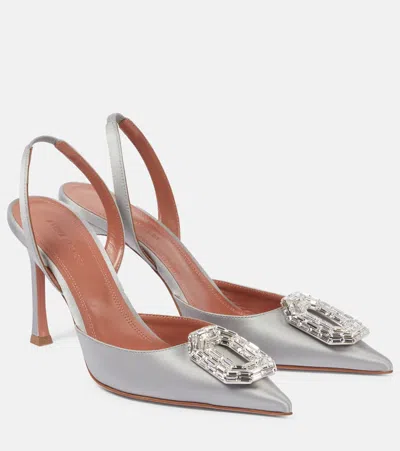 Amina Muaddi Camelia 90 Satin Slingback Pumps In Steel