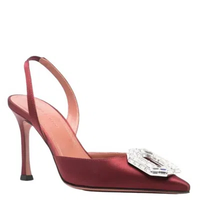Amina Muaddi Camelia Crystal Buckle Slingback Pump In Satin Wine White Buckle