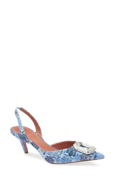 Amina Muaddi Camelia Crystal Buckle Pointed Toe Slingback Pump In Tweed Blue White Buckle
