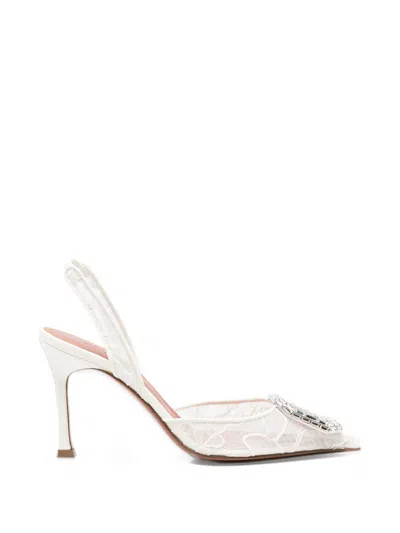 Amina Muaddi Camelia Crystal-embellished Lace Slingback Pumps In White