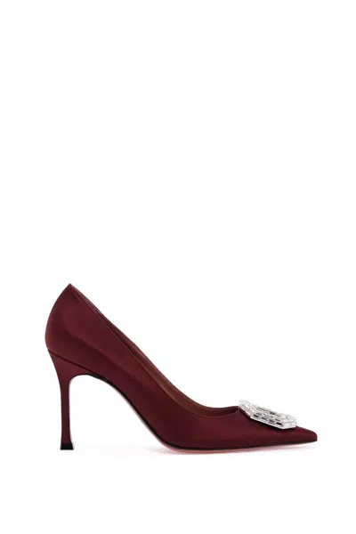 Amina Muaddi Camelia Crystal-embellished Satin Point-toe Pumps In Burgundy