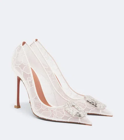 Amina Muaddi Camelia Embellished Lace Pumps In White