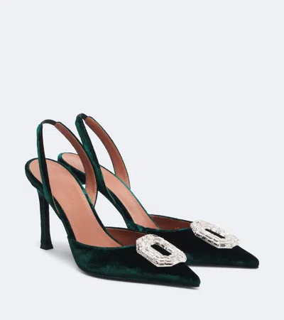 Amina Muaddi Camelia Embellished Velvet Slingback Pumps In Green