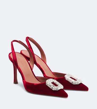 Amina Muaddi Camelia Embellished Velvet Slingback Pumps In Red