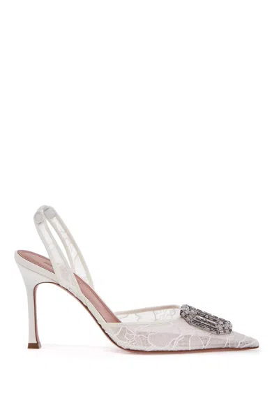 Amina Muaddi Womens White Camelia 90 Slingback Lace Heeled Courts Eur 39 / 6 Uk