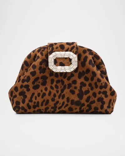 Amina Muaddi Camelia Micro Crystal Buckle Animal-print Suede Clutch Bag In Animal Print