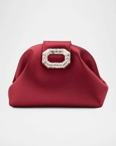 Amina Muaddi Camelia Micro Crystal Buckle Satin Clutch Bag In Burgundy